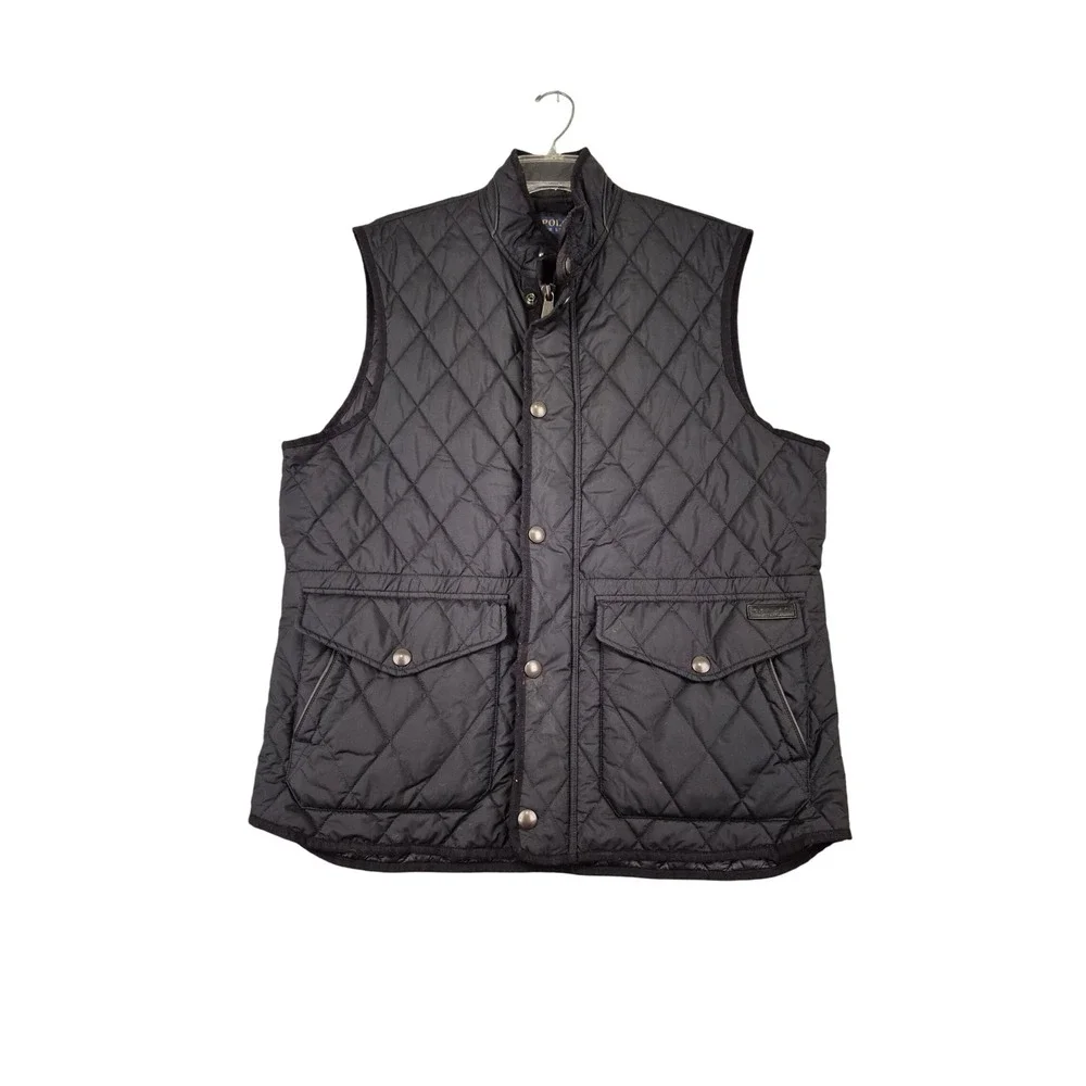 Polo Ralph Lauren Mens Black Diamond Quilted Vest Mock Neck Full Zip Large